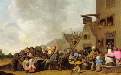 Scène de village avec un dentiste arrachant des dents et des paysans se battant devant une taverne, c.1630-40 - Peter de Bloot